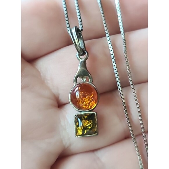 925 Sterling Silver Multicolored Amber Geometric Pendant Necklace Vintage Italy - Picture 2 of 10